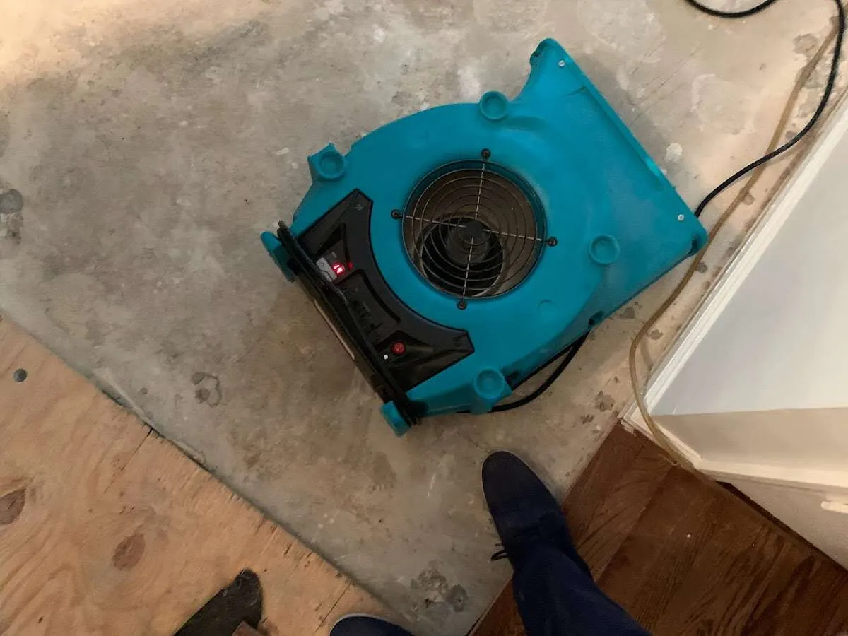 Air mover drying subfloor during Commercial Water Damage Restoration in Paramount